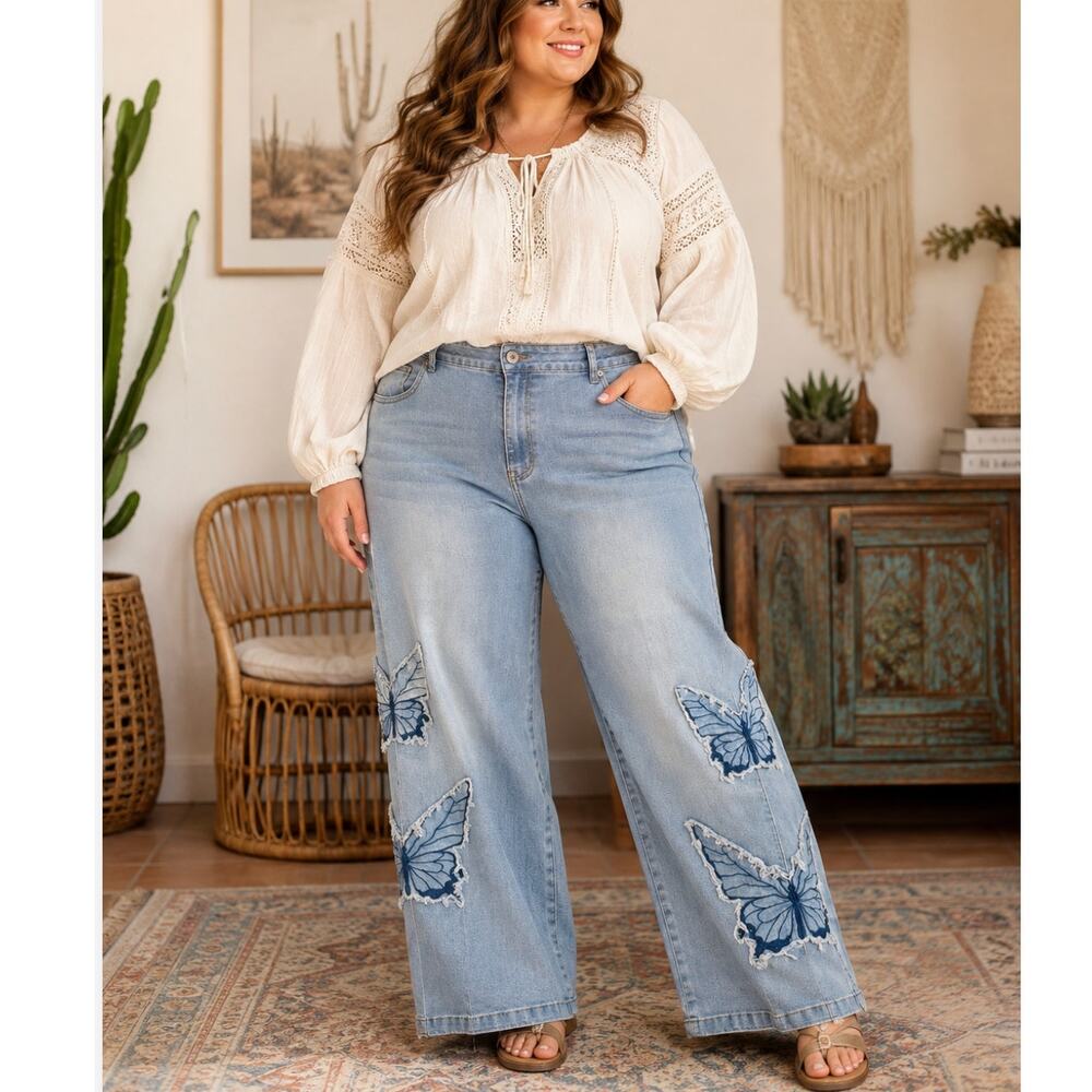 Boho Butterfly Patchwork Wide Leg Jeans Stretch Denim Plus SZ 20 Indie Festival